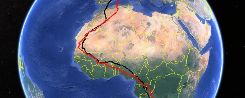 Trekroute van boomvalk Lex in het najaar van 2023 (rood), de overwintering (blauw) en het voorjaar van 2024 (zwart).