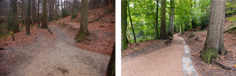 Wandelpad voor herstelmaatregelen (links) en na herstelmaatregelen (rechts), met watergeleidende goten