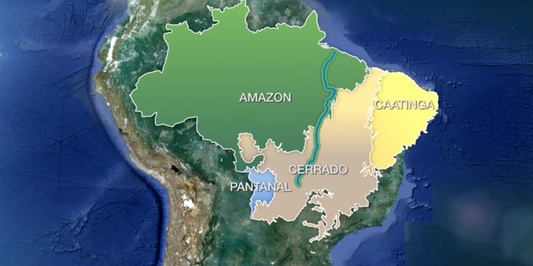 The biodiversity corridor follows the blue line and crosses Cerrado savanna and Amazon rainforest