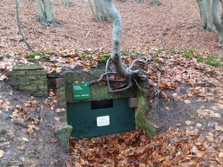 De bunker, afgesloten met een stalen deur en een slot in een stalen constructie