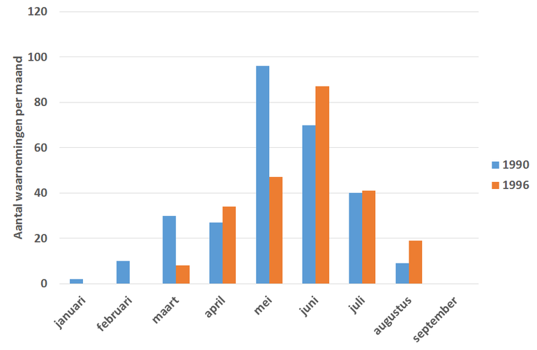 Maandelijks aantal eerste bloeiwaarnemingen van Frater Willibrordus in 1990 en 1996