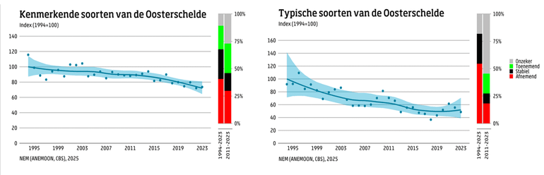 Soortgroeptrendindex op basis van MOO-duikwaarnemingen. Links: berekend voor 37 kenmerkende soorten, waaronder de typische soorten die bij het MOO betrokken zijn. Rechts: alleen berekend voor deze typische soorten