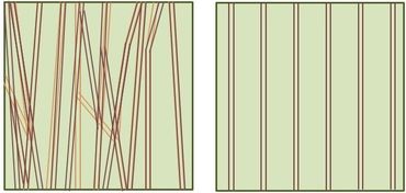 Schematische weergave van rijbewegingen na opeenvolgende dunningen zonder (links) en met (rechts) dunningspaden
