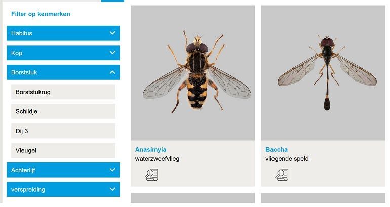 Digitale genuszoeker, met links het filter voor de kenmerken en rechts de resultaten met pasfoto’s