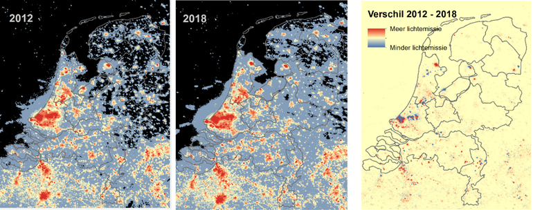 Lichtemissie in Nederland in 2012 en 2018 