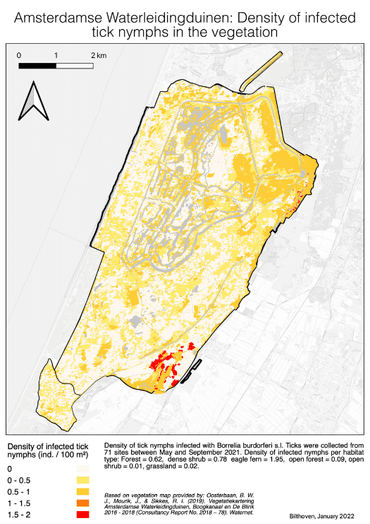 Risicokaart AWD: De velden met adelaarsvarens bij de ingangen De Zilk en Panneland kennen een zeer hoge tekendichtheid, en een relatief hoog percentage daarvan is besmet met Borrelia. Dit zijn risicogebieden voor bezoekers