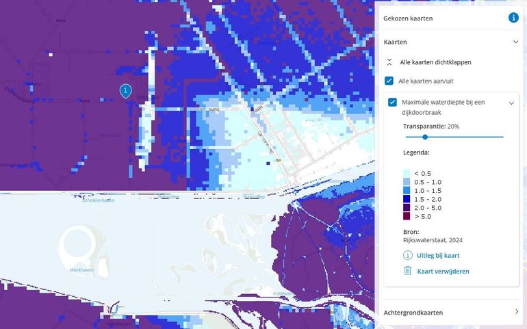 Maximale waterdiepte bij een overstroming. In het midden Schokland (zie 'Í'), als een witte ‘rug’ die boven water blijft bij een overstroming 