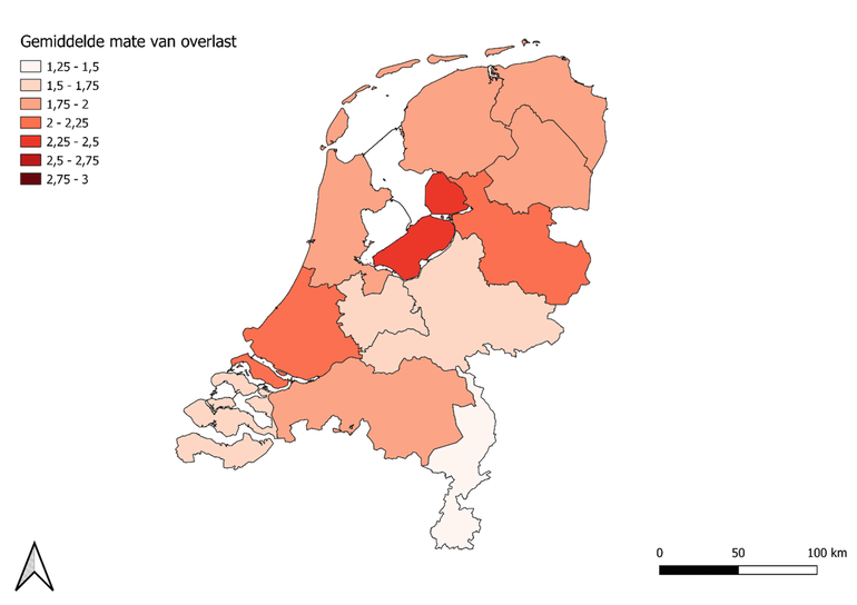 De gemiddelde relatieve mate van overlast ervaren per provincie op een schaal van 1 tot 4. Waarbij 1 “Geen overlast” is en 4 “Heel veel overlast”