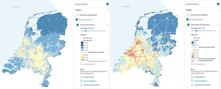 Op de kaarten Stikstofdioxide 2023 (NO2) en Fijnstof 2023 (PM10) zie je de grote steden Den Haag, Amsterdam, Utrecht, Rotterdam en Eindhoven er duidelijk uitspringen. Daar zijn de fijnstof- en stikstofdioxideconcentraties beduidend hoger dan in de rest van Nederland
