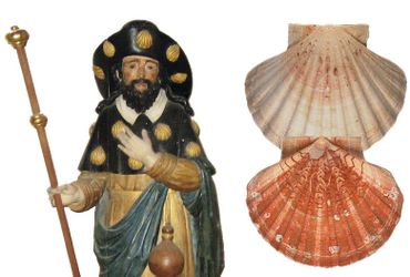 Links: pelgrimsbeeld met Pecten-schelpen, 17e eeuw, Chatelleraux, Frankrijk; rechts: grote mantels uit Bretagne