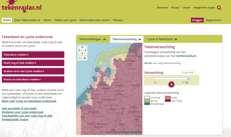 Screenshot van Tekenradar.nl met in de kaart de tekenactiviteitsverwachting voor 21 april. Door de sterk oplopende temperaturen worden teken actiever
