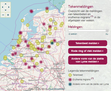 Aantal tekenbeten en Lyme gevallen gemeld op Tekenradar.nl tussen 23 en 30 oktober 2017