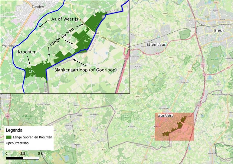 Topografische ligging van de Lange Gooren en Krochten, in het grensgebied met België. Het gebied ligt ten zuiden van Breda, vlak bij Zundert