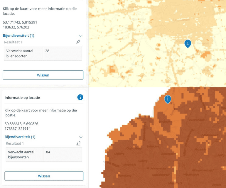 Detail op de kaart 'Bijendiversiteit': net buiten Leeuwarden (boven) komen naar verwachting veel minder bijensoorten voor dan net buiten Maastricht (onder). Opvallend is dat het in beide steden naar verwachting beter gaat met de bijendiversiteit dan daarbuiten