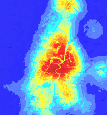 Kaart van stedelijk hitte-eilandeffect in Haarlem. De rode kleuren geven aan dat de jaargemiddelde temperatuur meer dan 2°C hoger ligt dan in de blauwe gebieden buiten de stad