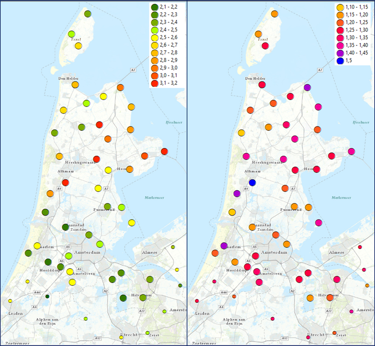 Links: factor tussen totale neerslag in februari 2020 en het gemiddelde in februari. Alles tot een factor 2,5 is nog normaal. Rechts: factor tussen totale neerslag in de winter 2019/2020 en het gemiddelde in de winter. Alles tot een factor 1,5 is nog normaal