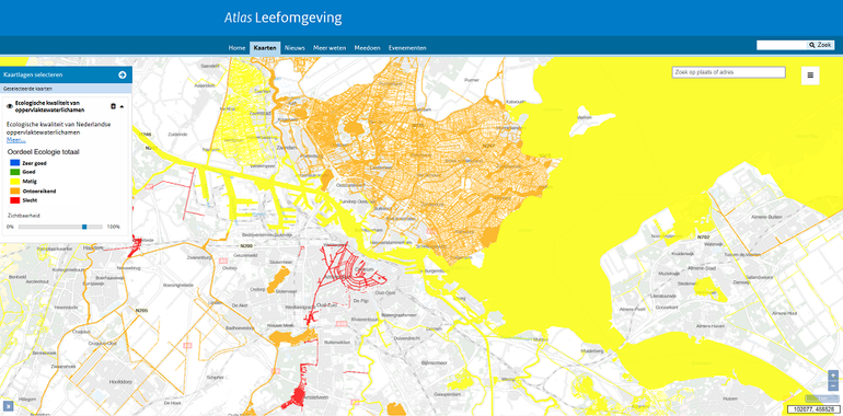 Kaart Ecologische kwaliteit van oppervlaktewaterlichamen, op de website van de Atlas Leefomgeving