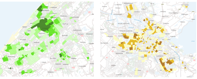 Links: Den Haag heeft rondom het centrum en aan de kust een aantal buurten die een hoog klimaatrisico hebben (donkergroen). Rechts: Amsterdam met de buurten waar het aandeel kwetsbare ouderen relatief hoog is in donkergeel 