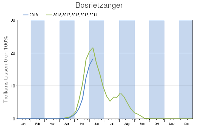 De trefkansgrafiek van bosrietzanger laat dit voorjaar een latere aankomst zien dan in de voorgaande 5 jaar