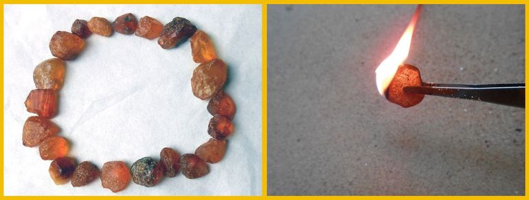 Na lang zoeken met wat geluk, bijvoorbeeld op Ameland, heb je genoeg bij elkaar voor een armband of ketting. Rechts: kan steen branden? Barnsteen kun je inderdaad aansteken (brandsteen)