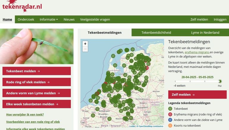 Screenshot Tekenradar.nl op 5 mei 2025 waarbij het tabblad ‘Tekenbeetmeldingen’ is geselecteerd