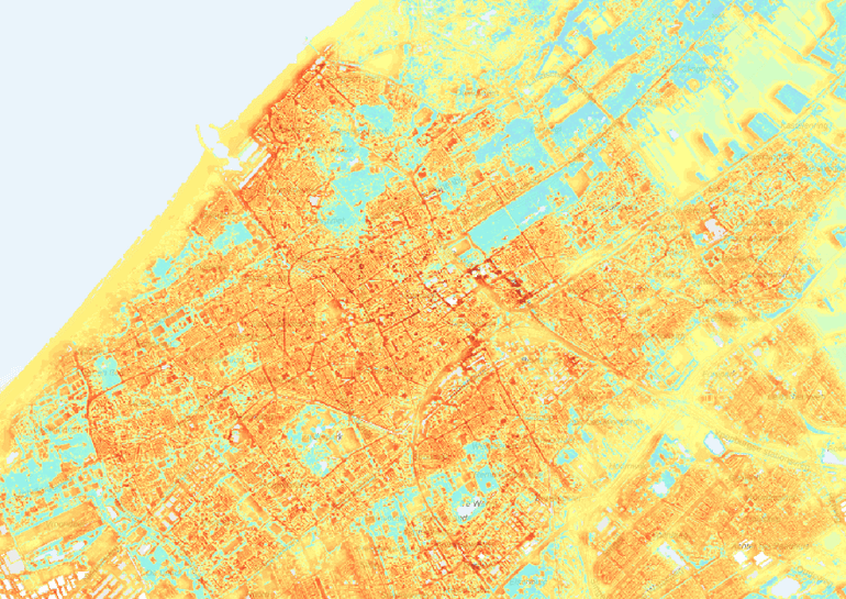 Kaart van de gevoelstemperatuur op een zomerse dag in Den Haag en omgeving. De gele/rode kleuren geven hoge temperaturen aan ten opzichte van de groene/blauwe kleuren