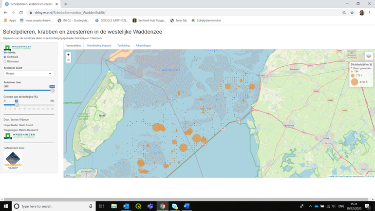 Voorbeeld: Verspreidingskaart van mosselen in het sublitoraal van de Waddenzee