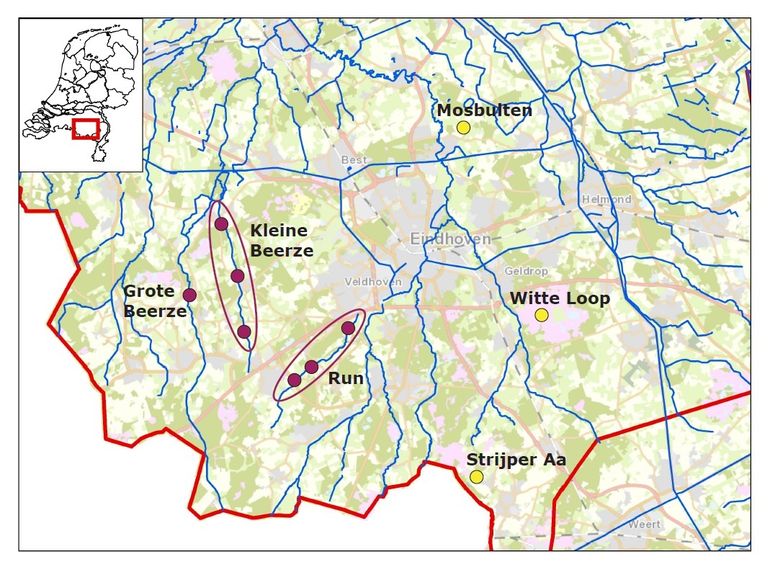 Onderzoekslocaties Drijvende waterweegbree (rood = beek; geel = ven)