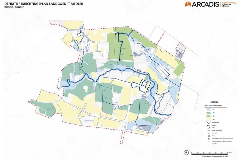 Kaart van de toekomstige drooglegging (gemiddeld niveau van het grondwater). Lichtblauw: grondwater staat op het maaiveld. Geel: hier is het droger, het grondwater staat zestig centimeter onder maaiveld