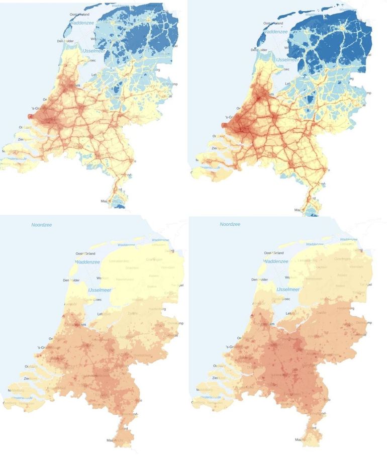 Als je de concentraties stikstof (boven) en fijnstof PM2,5 (onder) in de lucht tijdens het coronajaar (2020, links) vergelijkt met de kaarten uit 2022 (rechts), dan zie je dat de concentraties in 2020 aanzienlijk lager waren dan in 2022. Dat komt door het afgenomen weg- en vliegverkeer in de coronatijd. Het kan dus wel