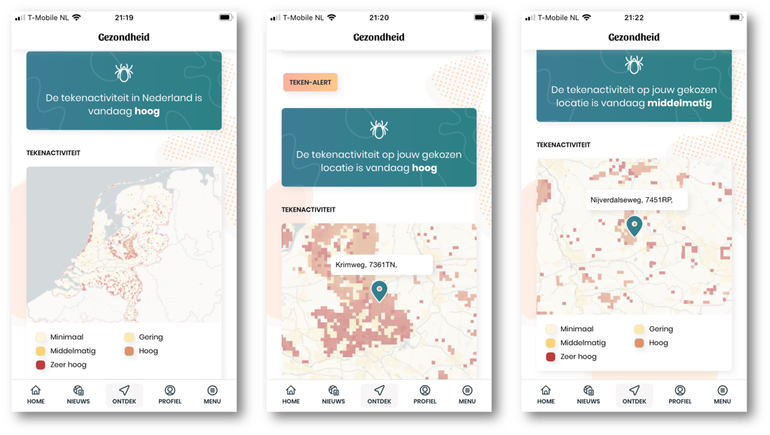 Overzicht van de tekenactiviteit in heel Nederland (links) en op twee geselecteerde locaties (midden en rechts)