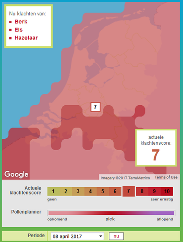 Pollenplannerverwachting voor 8 april 2017 voor het berkenpollenseizoen, gemaakt op 28 maart 2017. Toelichting: roze/lichtrood: verwachting dat 1 procent van de totale pollenproductie in de lucht komt. Donkerrood: verwachting dat 25 procent van het jaartotaal bereikt is. Paars: verwachting dat 75 procent van het aantal pollen geproduceerd is. Zodra de 95-procentgrens gepasseerd is, verdwijnt de kleur en is naar verwachting het pollenseizoen voor die soort voorbij