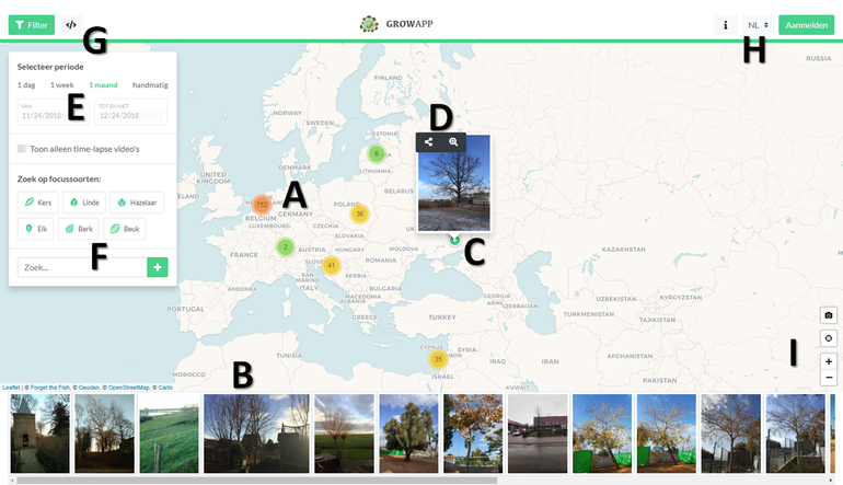 Screenshot van GrowApp-website met de locaties waar in de afgelopen maand foto’s zijn gemaakt. Zie de tekst voor een beschrijving van de functionaliteit (A, B, .. etc.)