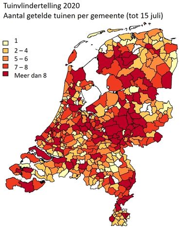 Het aantal getelde tuinen per gemeente tot 15 juli