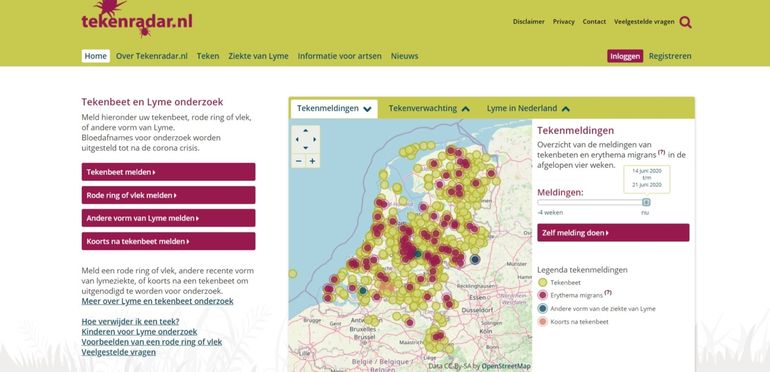 Screenshot van Tekenradar.nl op 21 juni 2020. De groene bolletjes zijn meldingen van tekenbeten opgelopen in de week van 14 tot en met 21 juni. De bolletjes met een andere kleur zijn meldingen van de ziekte van Lyme