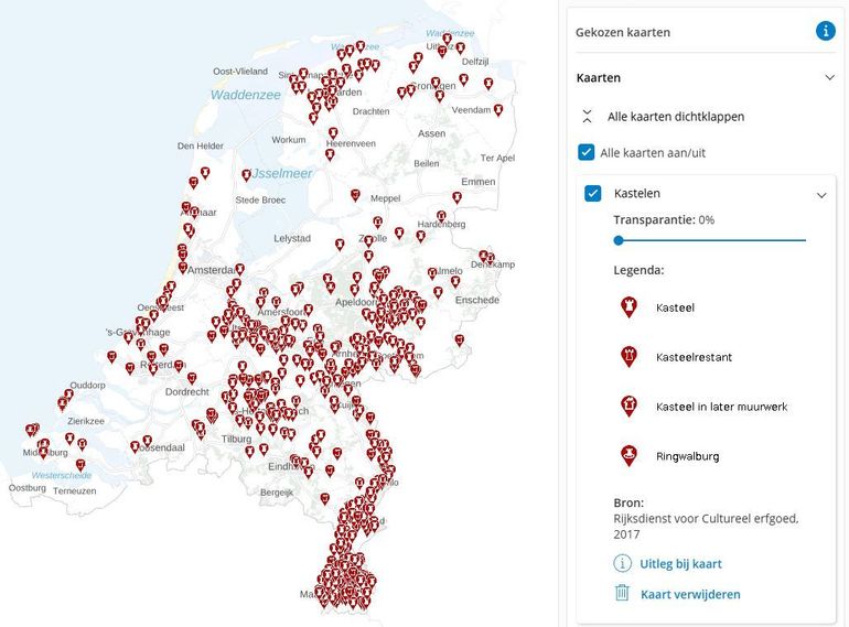Op de kaart Kastelen is duidelijk te zien dat de meeste kastelen in de provincie Limburg staan. Klik op de foto om naar de interactieve kaart te gaan