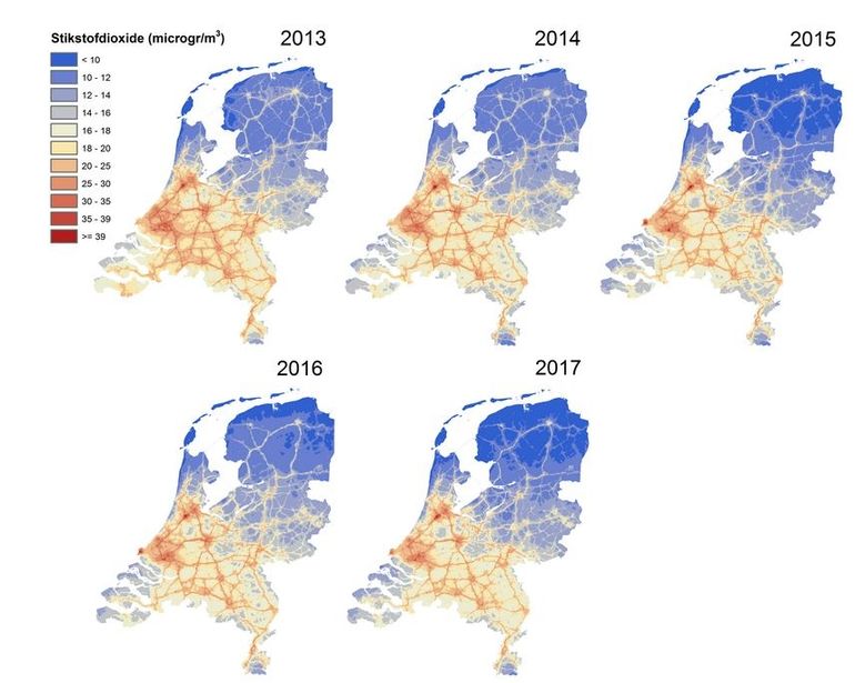 Stikstofdioxideconcentratie in de periode 2013-2017