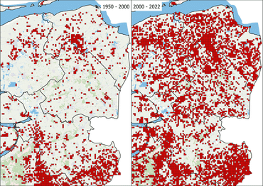 De verspreidingskaarten van 1950-2000 en 2000-2022 laten goed zien dat Look-zonder-look afgelopen decennia flink is toegenomen in Noordoost-Nederland