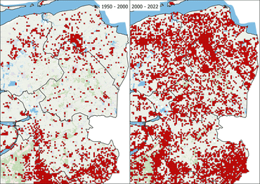 De verspreidingskaarten van 1950-2000 en 2000-2022 laten goed zien dat Look-zonder-look afgelopen decennia flink is toegenomen in Noordoost-Nederland