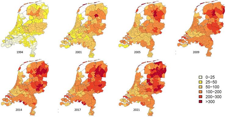 Het aantal gestelde Lyme-diagnoses met een rode vlek of ring in 1994, 2001, 2005, 2009, 2014, 2017 en 2021. Voor meer informatie per gemeente, kijk op Tekenradar.nl