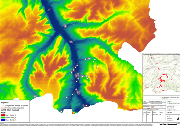 In de ingetekende gebieden werd gezocht naar drainage - de stippen geven aan waar die is aangetroffen