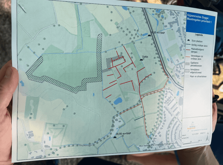 Kaart met geplande hydrologische herstelmaatregelen in de Gijzenrooise Zegge