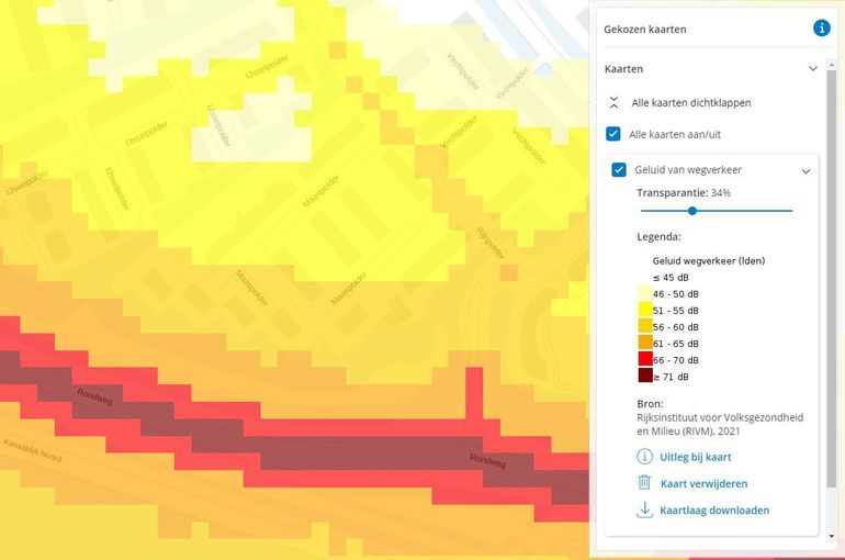 De Atlas-kaart ‘Geluid wegverkeer’ toont dat de geluidsniveaus gemiddeld tussen de 60 en 70 decibel liggen op mijn luwteplek langs de rondweg. Maar dankzij de rondweg is er wel minder verkeer bínnen mijn wijk. Klik op het plaatje om te kijken hoeveel geluid er van wegverkeer is op jouw eigen luwteplek 