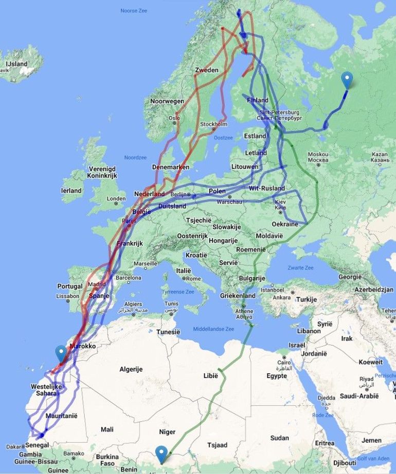 Figuur 1. Tracks van drie in 2015 (blauw), 2017 (groen) en 2018 (rood) in Finland gezenderde steppekiekendieven 