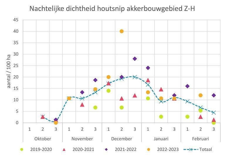 Dichtheid van houtsnippen (aantal per honderd hectare) tijdens tellingen in het akkerbouwgebied van Zuid-Holland gedurende vier winters (2019 – 2023)