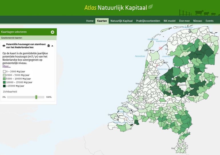 Gemiddelde jaarlijkse potentiële houtoogst (m3 / jr) van het Nederlandse bos weergegeven op gemeentelijk niveau