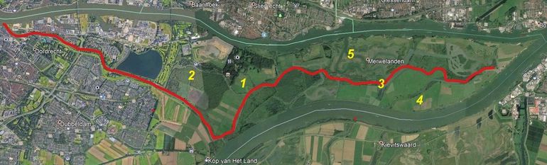 De loop van de Wantijrivier. 1 Zuilespolder; 2 Otter- en Sterlinggriend; 3 Voormalige schotbalkensluis; 4 Thomaswaard; 5 Kort en Lang Ambacht