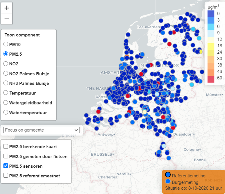 Gemeten luchtkwaliteit (PM2.5) op 8 oktober 2020 om 21 uur door diverse sensoren