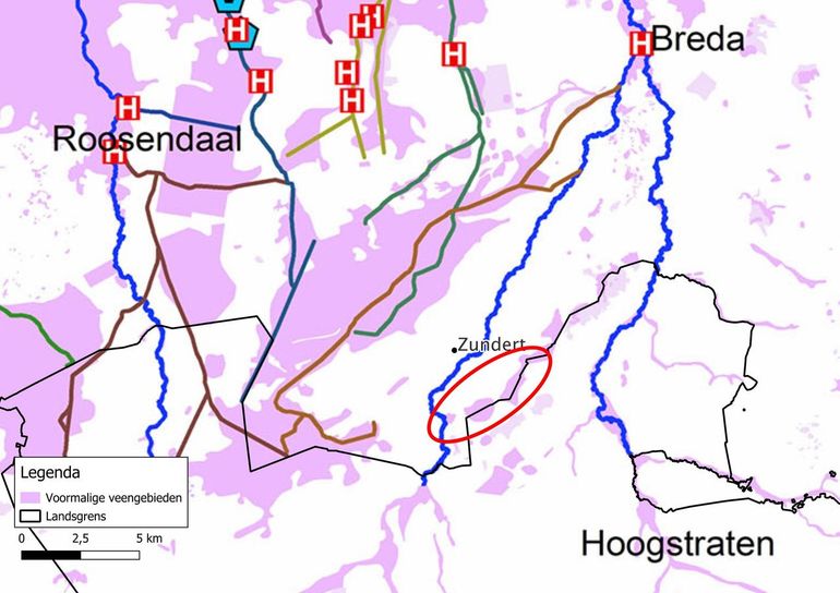 Bewerking van de kaart van de verdwenen venen in West-Brabant (1250-1750). De keten van veentjes die nu het natuurgebied Lange Gooren en Krochten vormen, zijn rood omlijnd