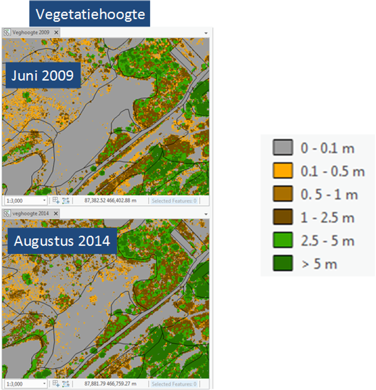 Figuur 2 Voorbeeld van de veranderingen in vegetatiestructuur tussen 2009 en 2014 voor een stukje duinen op basis van vegetatiehoogte. De zwarte lijnen geven de omgrenzing van de habitattypen weer. In dit voorbeeld is de toename in hoogte van de vegetatie en daarmee de verruiging van de Grijze duinen in het centrum van het plaatje goed zichtbaar